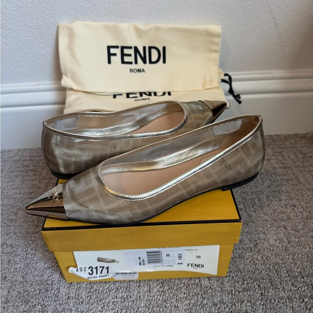 FENDI Colibri Ballerina FF Logo Mesh Pointed Cap Toe Ballet Flats Shoes